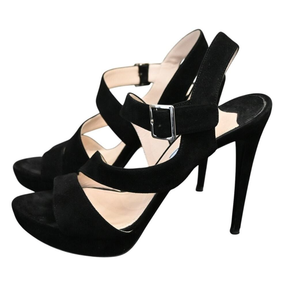 Prada Black Suede Strappy Platform High Heel Sandals Size 38.5 - Picture 2 of 12